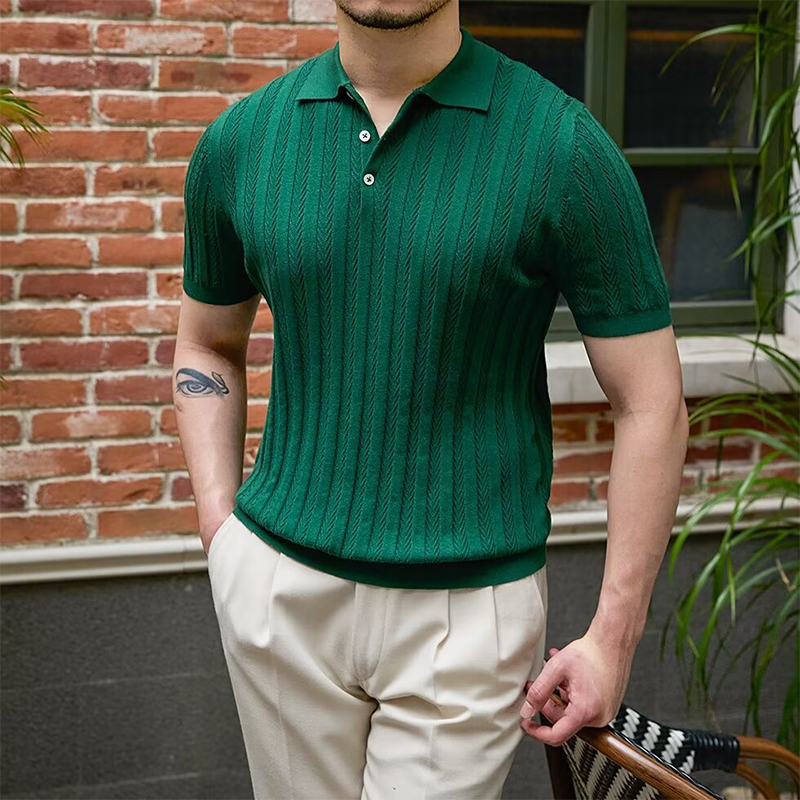 👑Old Money Casual enfärgad kortärmad topp med uppslag för män