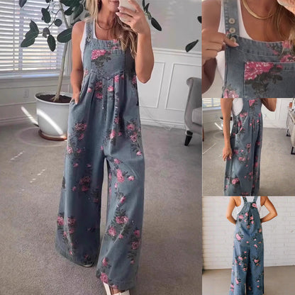 🔥 50% RABATT på utvalda produkter💖Avslappnad jumpsuit i tryckt denim för kvinnor