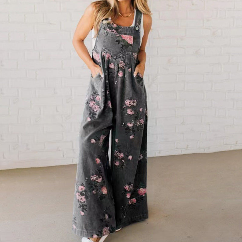🔥 50% RABATT på utvalda produkter💖Avslappnad jumpsuit i tryckt denim för kvinnor