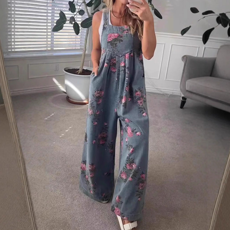 🔥 50% RABATT på utvalda produkter💖Avslappnad jumpsuit i tryckt denim för kvinnor