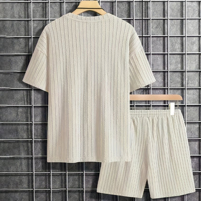 🔥🎁Nyhet 50 % RABATT🔥Herr sommar 2-delat set - T-shirt med droppe axlar och shorts med dragsko