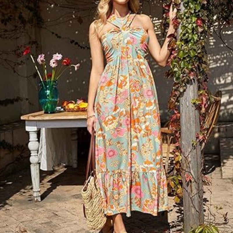 🔥Cross Halter Ärmlös Blommig Tryckt Klänning