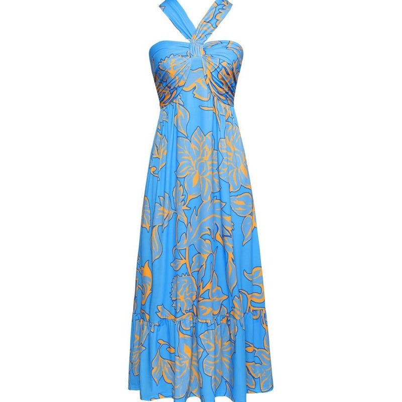 🔥Cross Halter Ärmlös Blommig Tryckt Klänning
