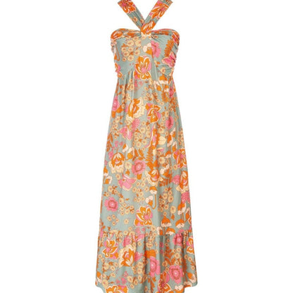 🔥Cross Halter Ärmlös Blommig Tryckt Klänning