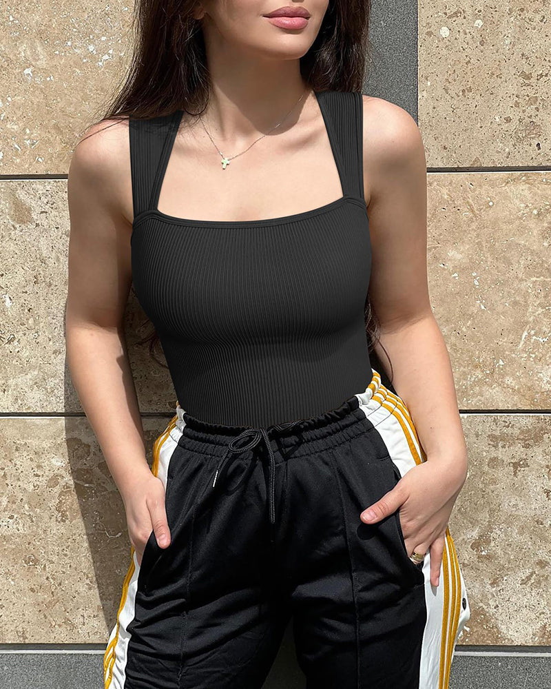 Sexig ribbad stroppig fyrkantig hals ärmlös magkontroll Tank Tops Bodysuits🩱