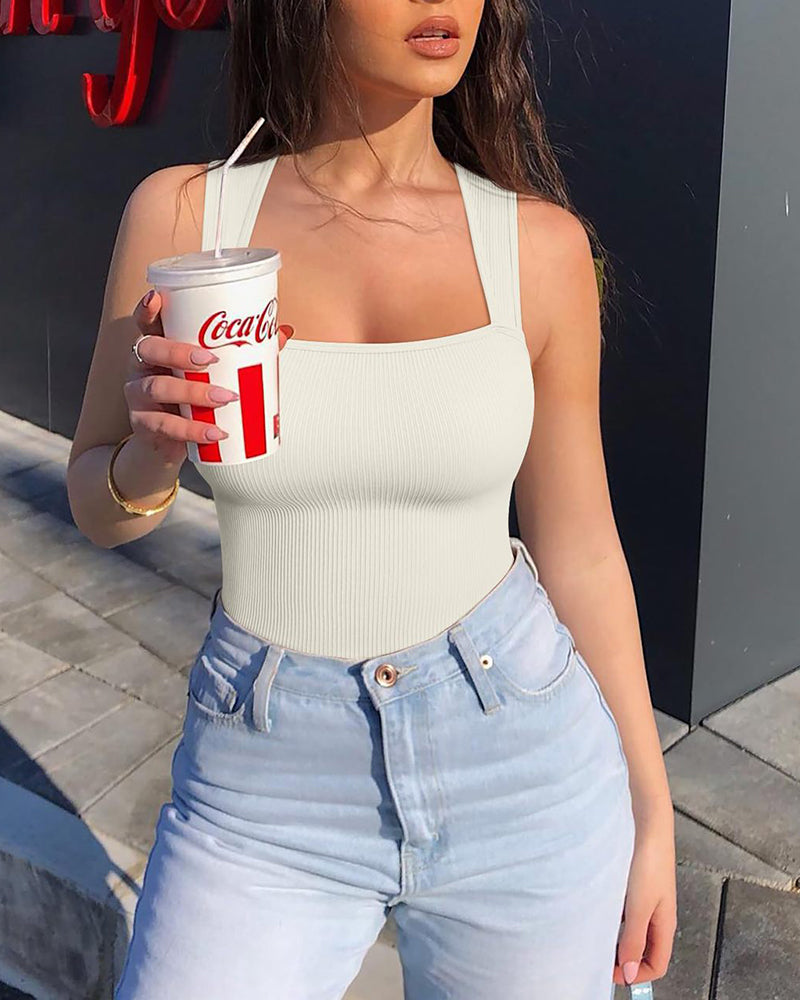 Sexig ribbad stroppig fyrkantig hals ärmlös magkontroll Tank Tops Bodysuits🩱