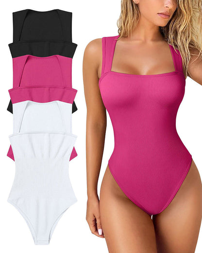 Sexig ribbad stroppig fyrkantig hals ärmlös magkontroll Tank Tops Bodysuits🩱