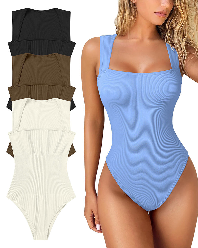 Sexig ribbad stroppig fyrkantig hals ärmlös magkontroll Tank Tops Bodysuits🩱