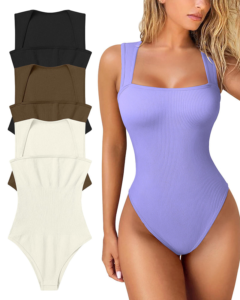 Sexig ribbad stroppig fyrkantig hals ärmlös magkontroll Tank Tops Bodysuits🩱