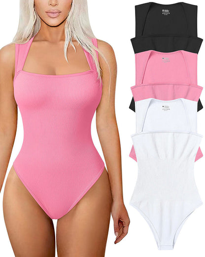 Sexig ribbad stroppig fyrkantig hals ärmlös magkontroll Tank Tops Bodysuits🩱
