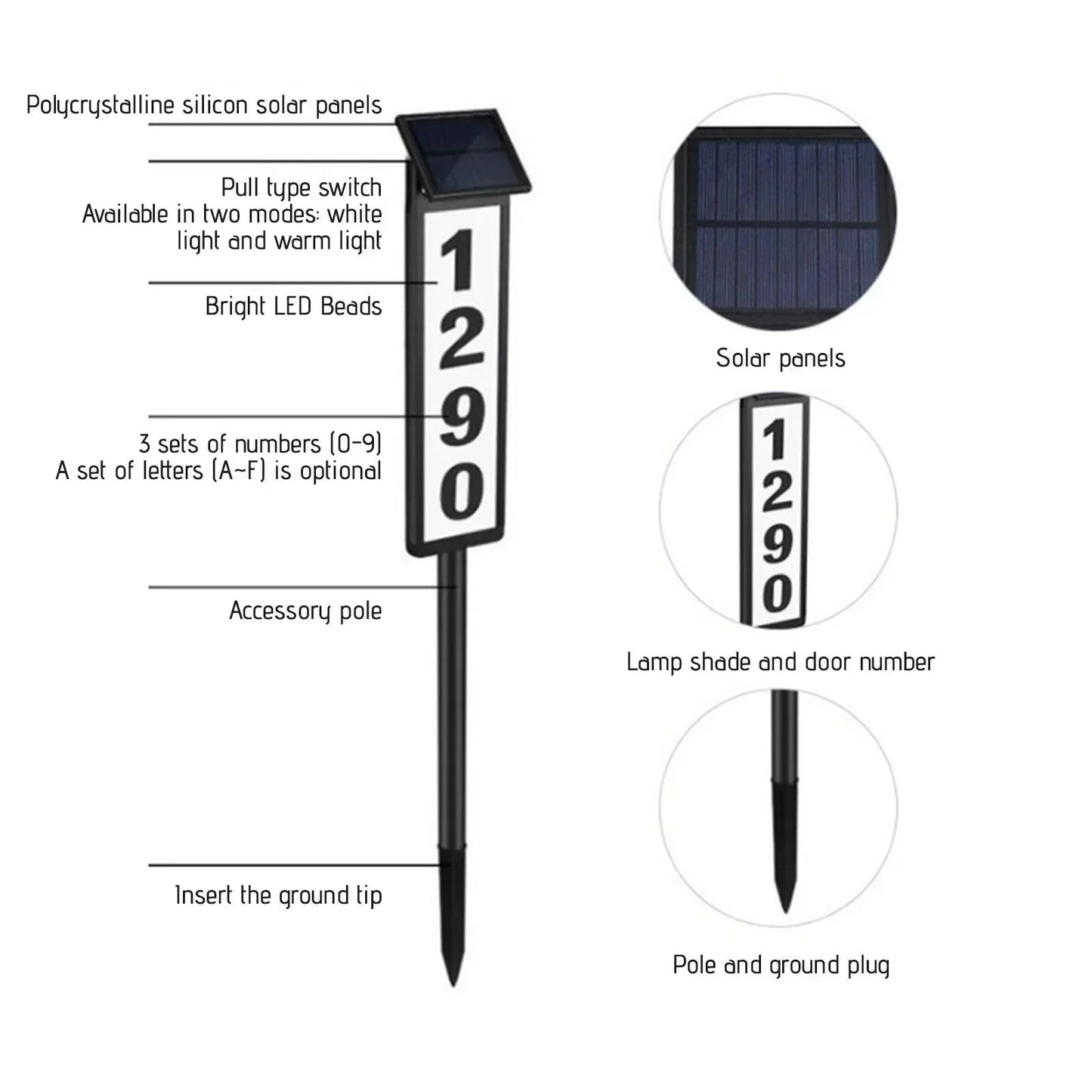 ✨Sista dagen – 50 % rabatt – Solcellsdriven LED-adressskylt med belysning, med 3 uppsättningar siffror (0–9) och 1 uppsättning bokstäver (A–F)