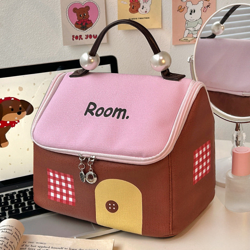 💄 60% RABATT! 🏠 Handhållen Kosmetikväska i Husform – Stort Fack, Färgblockad Tecknad Design & Lätt att Bära ✨