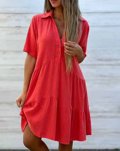 👗 40% RABATT NU! 🌸Enfärgad, bekväm klänning med knappar vid kragen