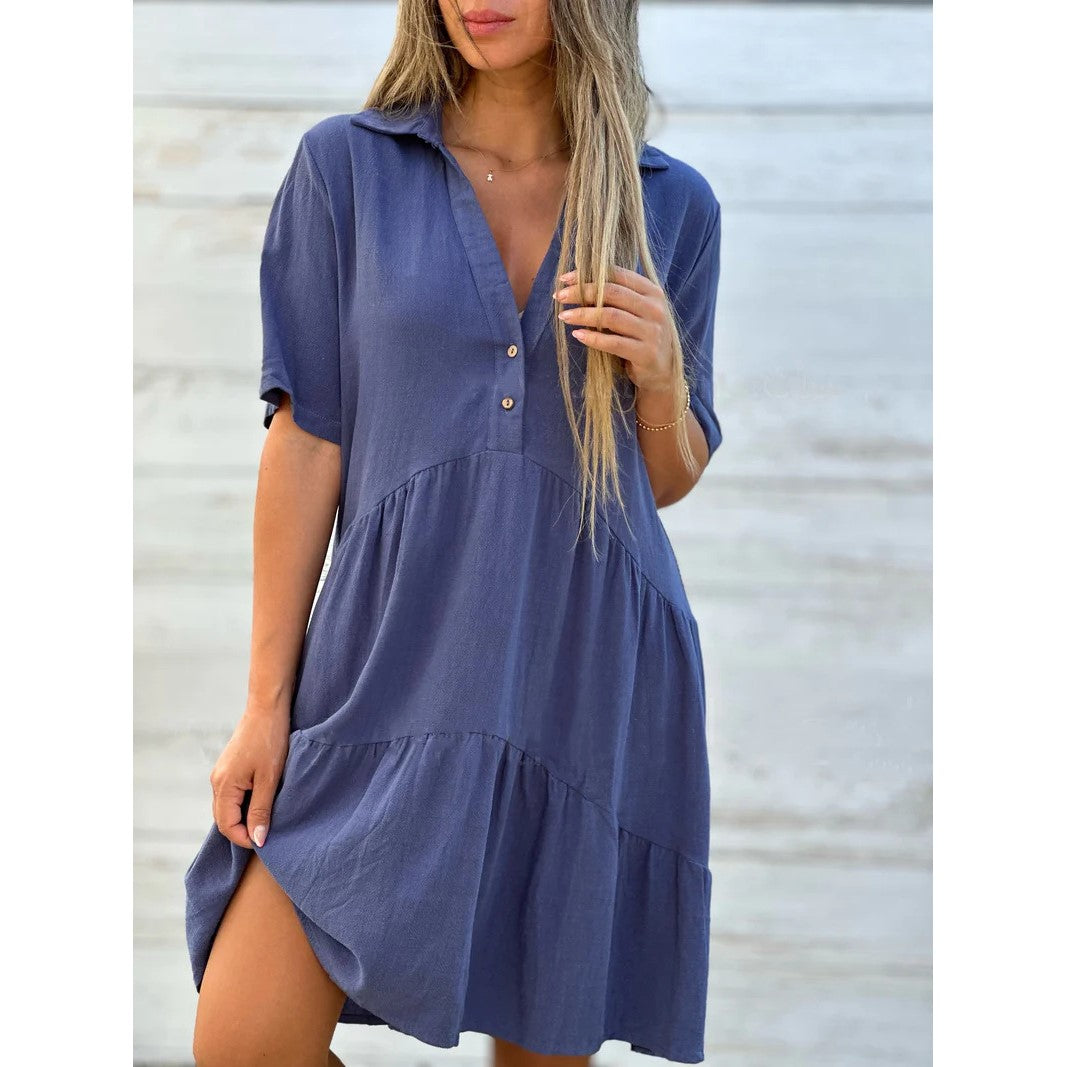 👗 40% RABATT NU! 🌸Enfärgad, bekväm klänning med knappar vid kragen