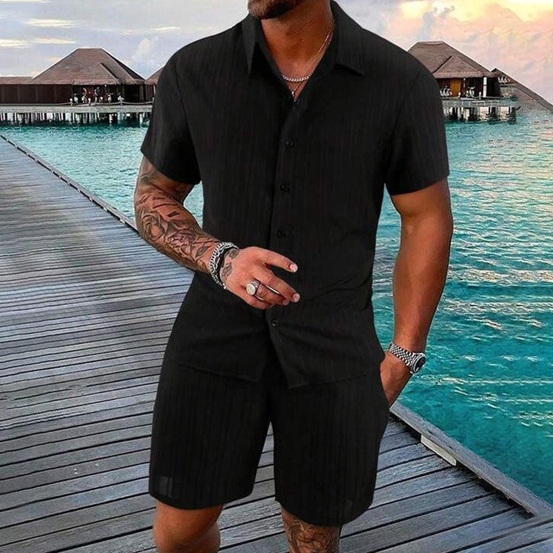 🔥🎁Nyhet 50 % RABATT🔥CASUAL STYLE✨Löst sittande kortärmad skjorta och shorts för herr, 2-delat set