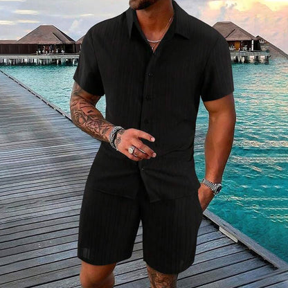 🔥🎁Nyhet 50 % RABATT🔥CASUAL STYLE✨Löst sittande kortärmad skjorta och shorts för herr, 2-delat set