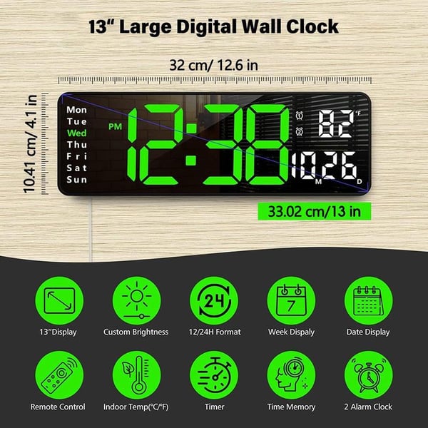 ⚡13" stor digital klocka med temperatur, datum, automatisk sommartid, nattbelysning, automatisk ljusstyrka
