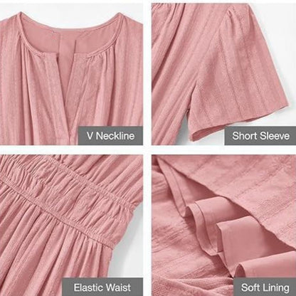 👗 Nyhet 50% RABATT 🎁 | Kortärmad V-ringad Långklänning – Flödande & Sommarchic
