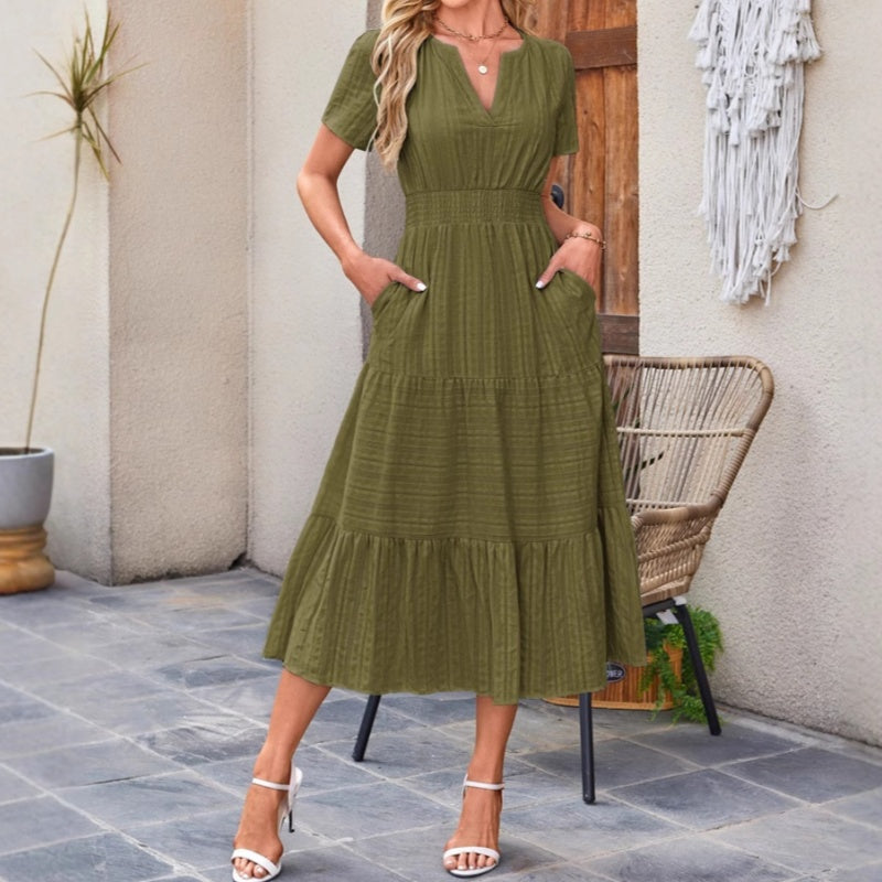 👗 Nyhet 50% RABATT 🎁 | Kortärmad V-ringad Långklänning – Flödande & Sommarchic