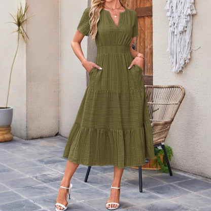 👗 Nyhet 50% RABATT 🎁 | Kortärmad V-ringad Långklänning – Flödande & Sommarchic