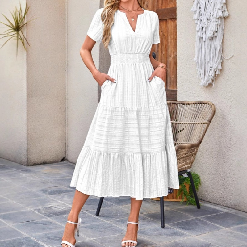 👗 Nyhet 50% RABATT 🎁 | Kortärmad V-ringad Långklänning – Flödande & Sommarchic