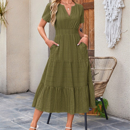 👗 Nyhet 50% RABATT 🎁 | Kortärmad V-ringad Långklänning – Flödande & Sommarchic