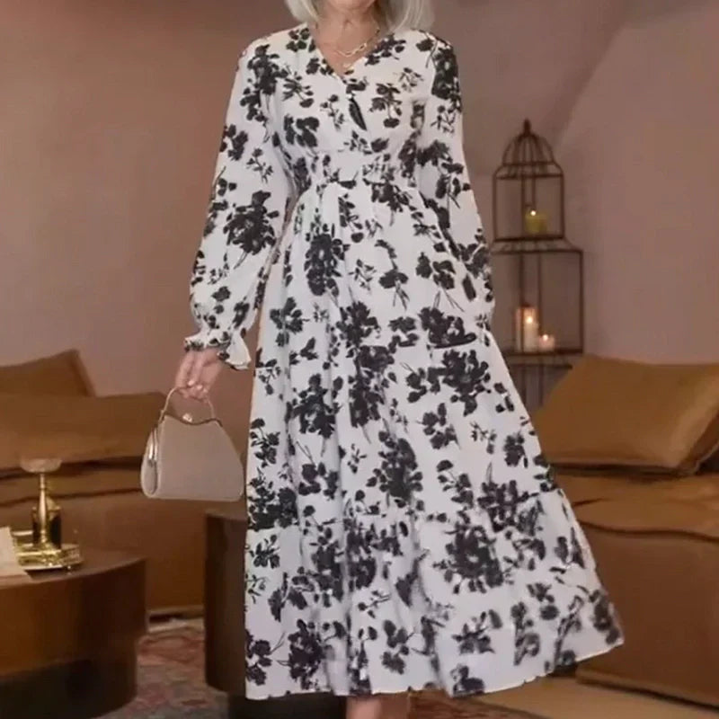 🌸Maxiklänning med V-ringning och midja, blommig charm i full blom, långa ärmar som elegant kompletterar din stil!👗
