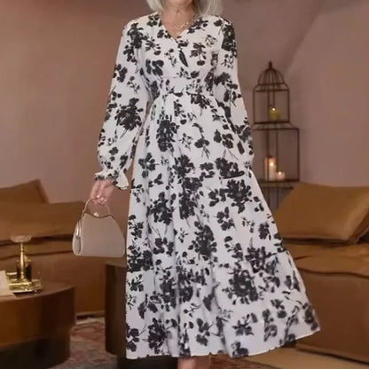 🌸Maxiklänning med V-ringning och midja, blommig charm i full blom, långa ärmar som elegant kompletterar din stil!👗