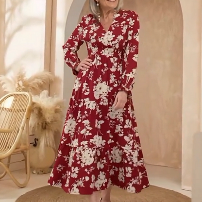 🌸Maxiklänning med V-ringning och midja, blommig charm i full blom, långa ärmar som elegant kompletterar din stil!👗