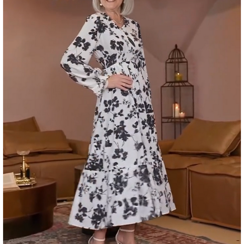🌸Maxiklänning med V-ringning och midja, blommig charm i full blom, långa ärmar som elegant kompletterar din stil!👗