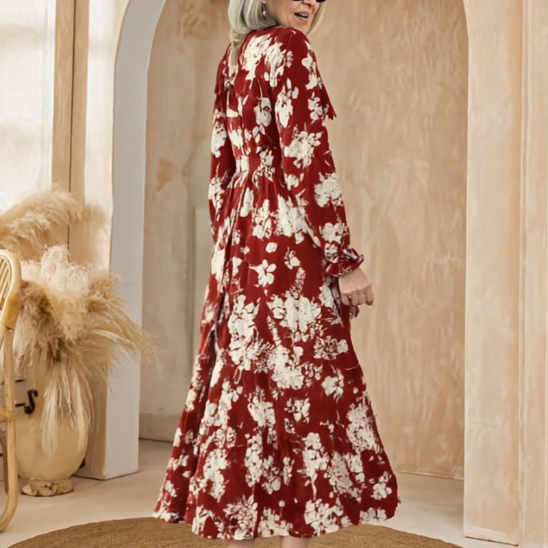 🌸Maxiklänning med V-ringning och midja, blommig charm i full blom, långa ärmar som elegant kompletterar din stil!👗