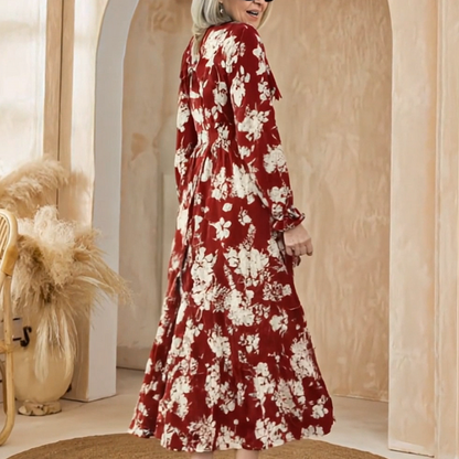 🌸Maxiklänning med V-ringning och midja, blommig charm i full blom, långa ärmar som elegant kompletterar din stil!👗