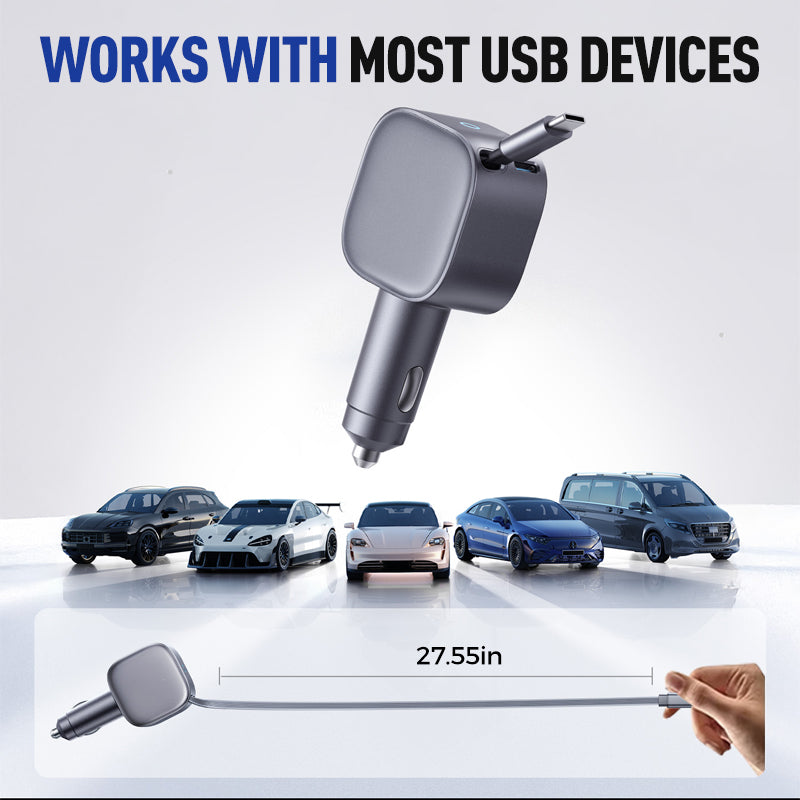 ⚡ Kompakt indragbar billaddare – Snabbladdning med självrullande kabel, dubbla USB-portar för alla enheter 🚗📱