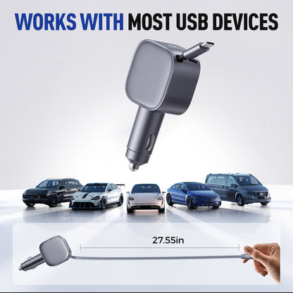 ⚡ Kompakt indragbar billaddare – Snabbladdning med självrullande kabel, dubbla USB-portar för alla enheter 🚗📱