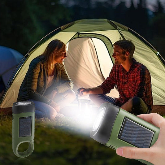 Utomhus nödlampa (handvev + sol + USB-laddning)