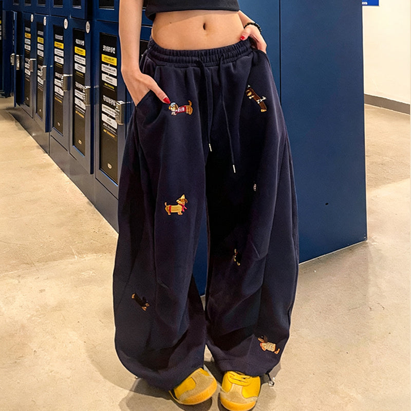 👖Broderade baggy joggingbyxor med dragsko och valmönster🐕‍🦺