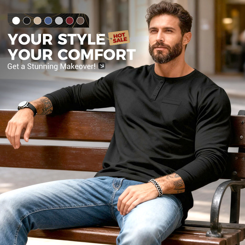 😎Nyhet🔥Slim Fit Henley långärmad T-shirt för herr