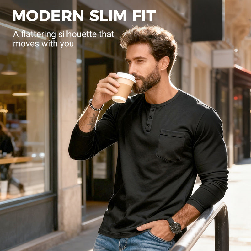 😎Nyhet🔥Slim Fit Henley långärmad T-shirt för herr