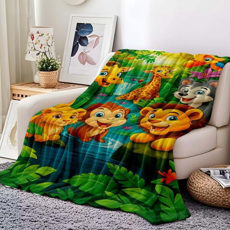 🔥Plush Flannel Throw Blanket med tecknad djungelprint