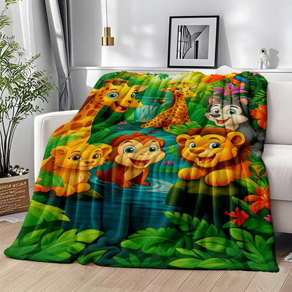 🔥Plush Flannel Throw Blanket med tecknad djungelprint