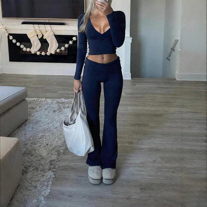 🔥Tvådelat set för kvinnor med långärmad kort topp och utsvängda byxor
