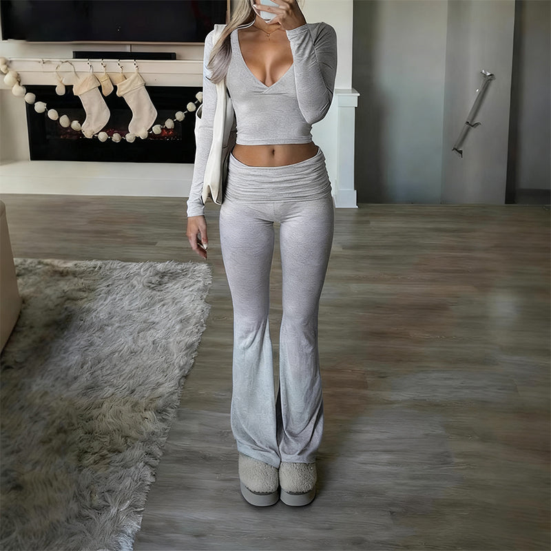 🔥Tvådelat set för kvinnor med långärmad kort topp och utsvängda byxor