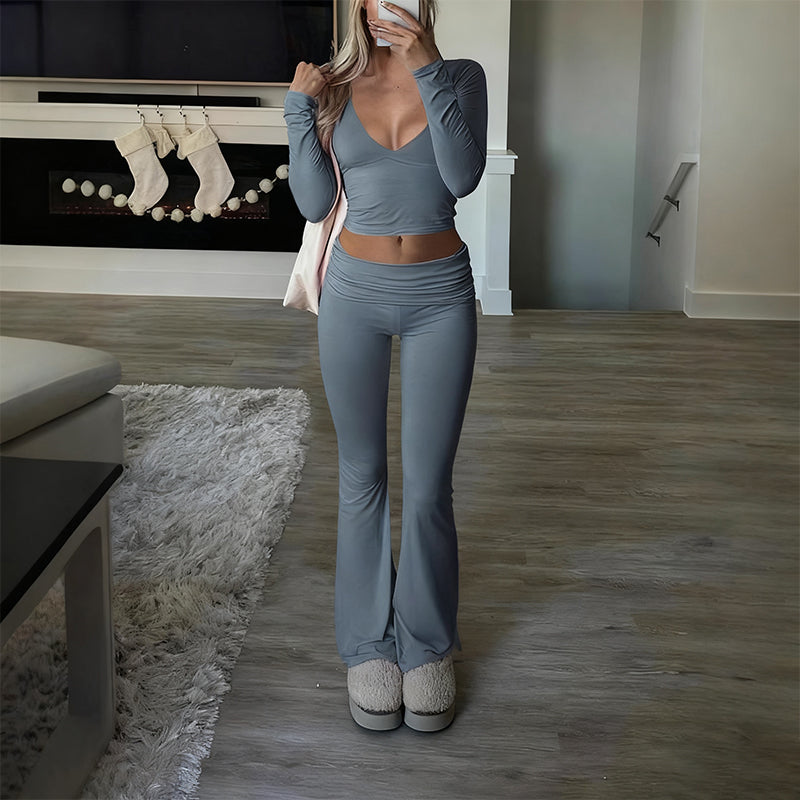 🔥Tvådelat set för kvinnor med långärmad kort topp och utsvängda byxor