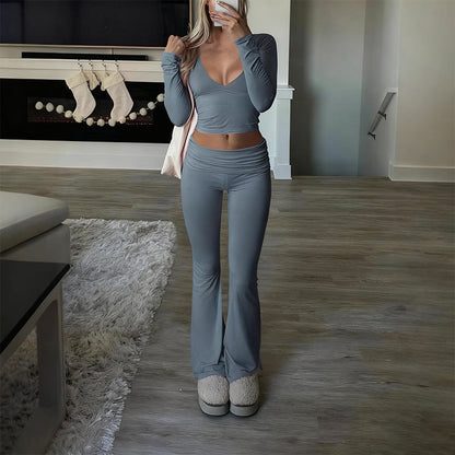 🔥Tvådelat set för kvinnor med långärmad kort topp och utsvängda byxor