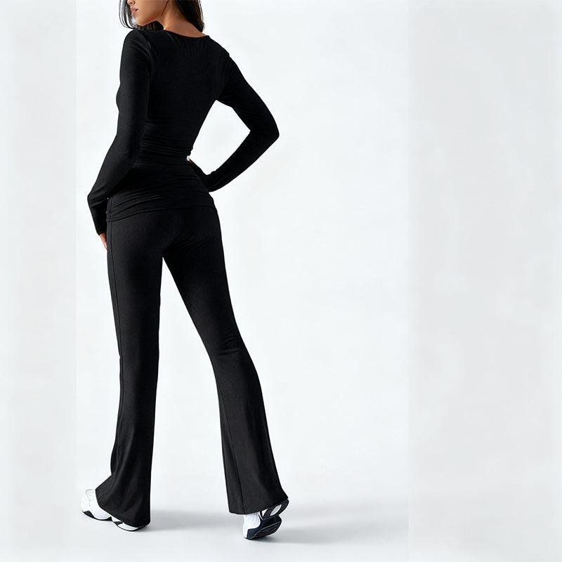 🔥Tvådelat set för kvinnor med långärmad kort topp och utsvängda byxor