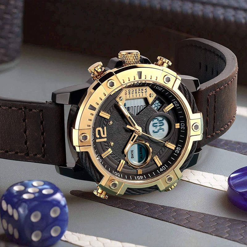 Multifunktionell dubbel display 3ATM vattentäta mansklocka med kvarts och sportfunktion