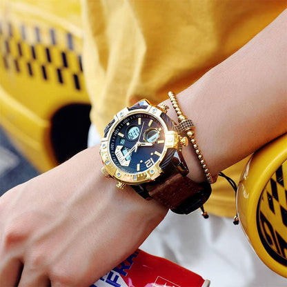 Multifunktionell dubbel display 3ATM vattentäta mansklocka med kvarts och sportfunktion