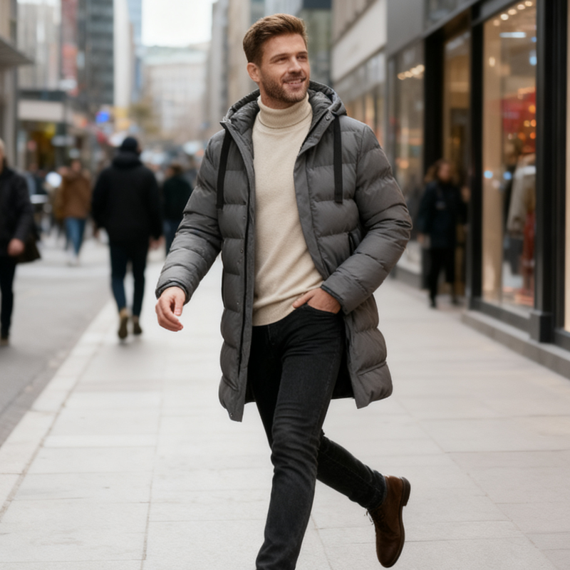 🔥Medellång dunjacka med huva för män🔥Fri frakt
