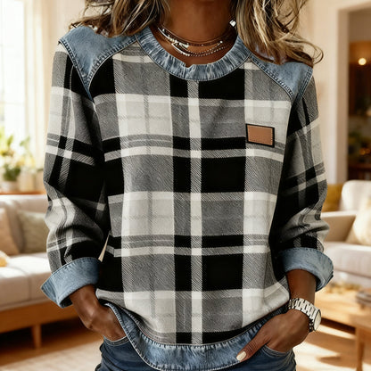 🔥Långärmade toppar i denim med lappteknik och rutmönster för damer