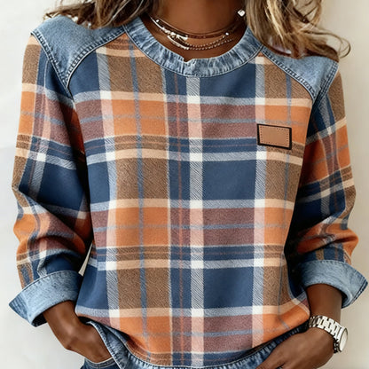 🔥Långärmade toppar i denim med lappteknik och rutmönster för damer